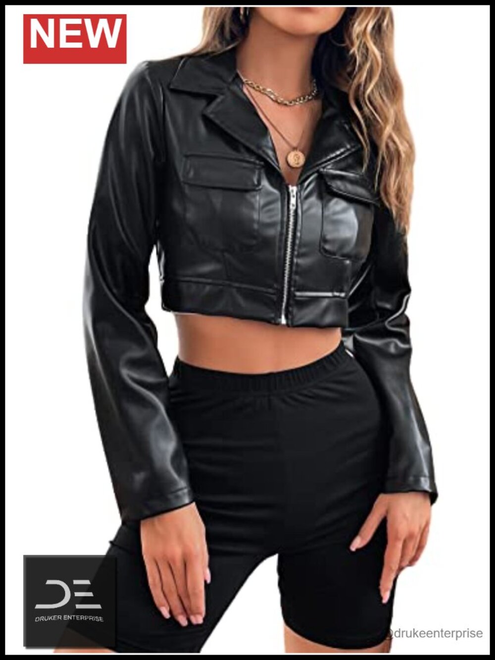 PU Leather Cropped Moto Jacket Long Sleeve Zip Up Flap Pockets